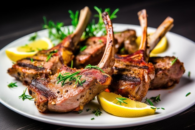 Une assiette de côtelettes d'agneau avec des tranches de citron sur le côté