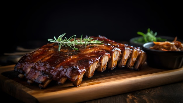 Une assiette de côtes avec un brin de romarin dessus