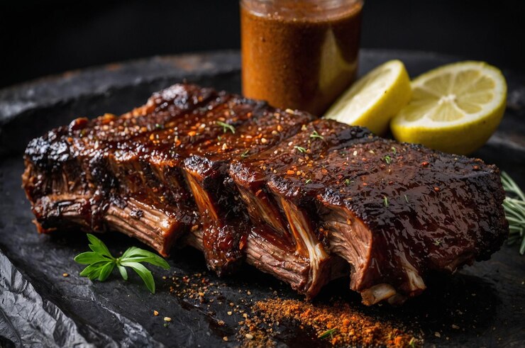 Photo une assiette de côtes avec des cornichons et un verre de jus