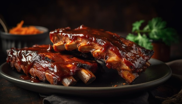 Assiette de côtes de porc grillées avec sauce savoureuse générée par AI