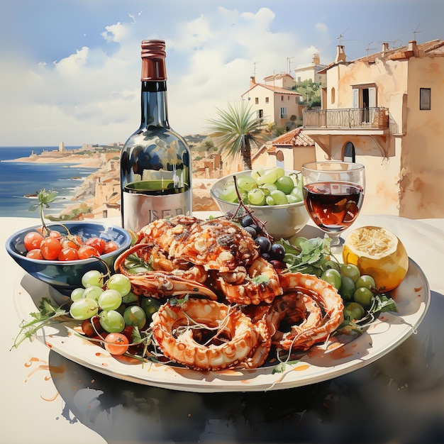 une assiette de crabe de crabe et de homard avec un verre de vin