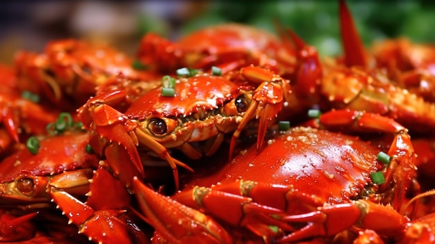 Une assiette de crabes rouges cuits avec des oignons verts sur le côté.