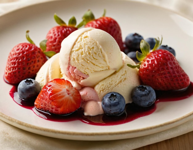 une assiette de crème glacée avec des baies et une fraise dessus