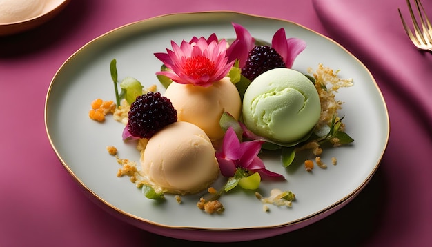 Photo une assiette avec de la crème glacée et une fleur dessus