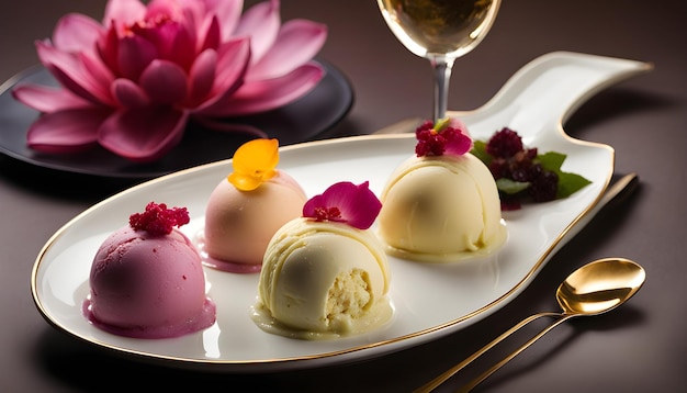 Photo une assiette de crèmes glacées et un verre de vin