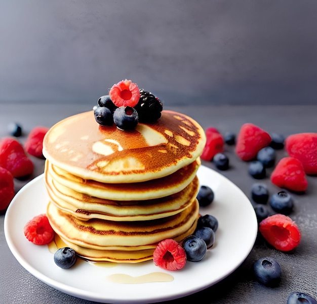 Une assiette de crêpes au miel de baies fraîches se bouchent sur un fond gris Délicieux petit-déjeuner