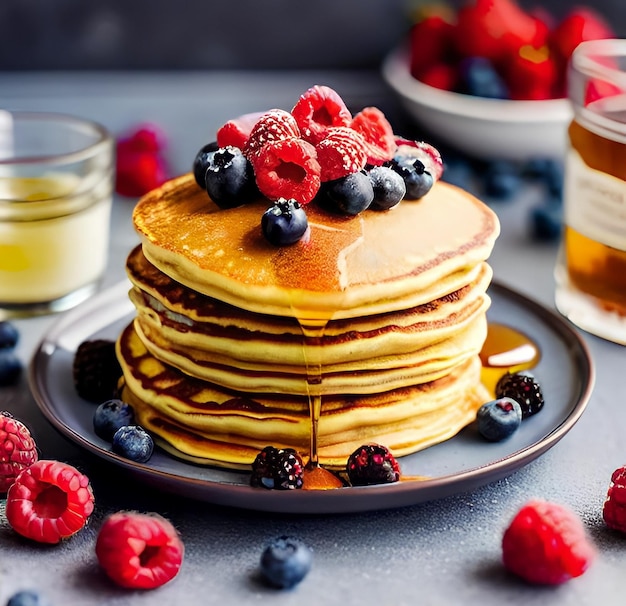 Une assiette de crêpes au miel de baies fraîches se bouchent sur un fond gris Délicieux petit-déjeuner