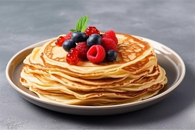 une assiette de crêpes aux baies et aux feuilles de menthe