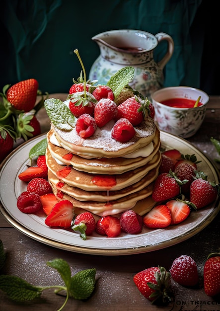 Photo assiette avec crêpes aux fraises sur l'assiette