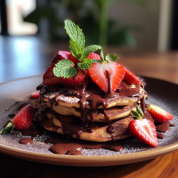 Une assiette de crêpes aux fraises et sirop de chocolat.