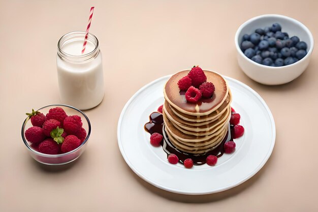 Une assiette de crêpes aux framboises et myrtilles sur le dessus