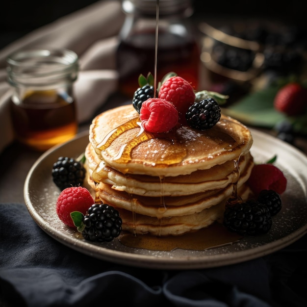 Une assiette de crêpes avec des baies dessus