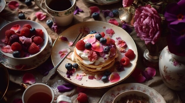 Une assiette de crêpes avec des baies dessus