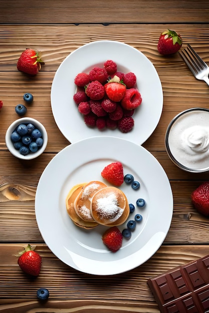 Une assiette de crêpes avec des baies et du yaourt sur le dessus