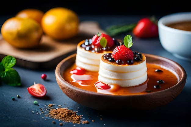 une assiette de crêpes à la banane avec des fraises et de la crème