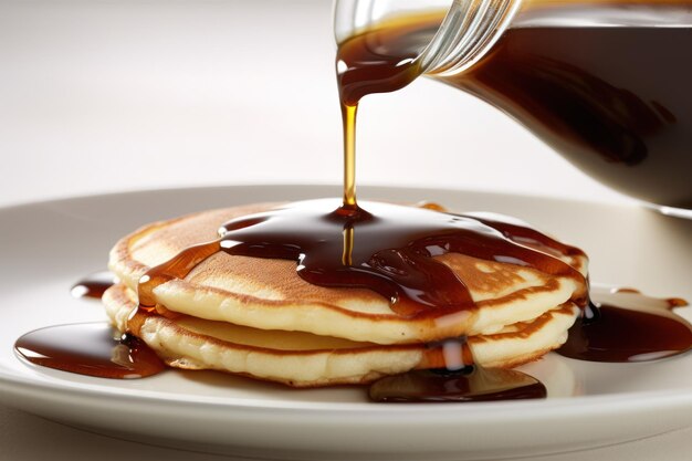 Une assiette de crêpes avec du sirop versé dessus.