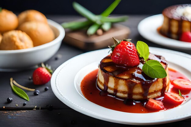 Une assiette de crêpes avec une fraise dessus