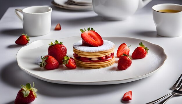 une assiette de crêpes avec des fraises et de la crème