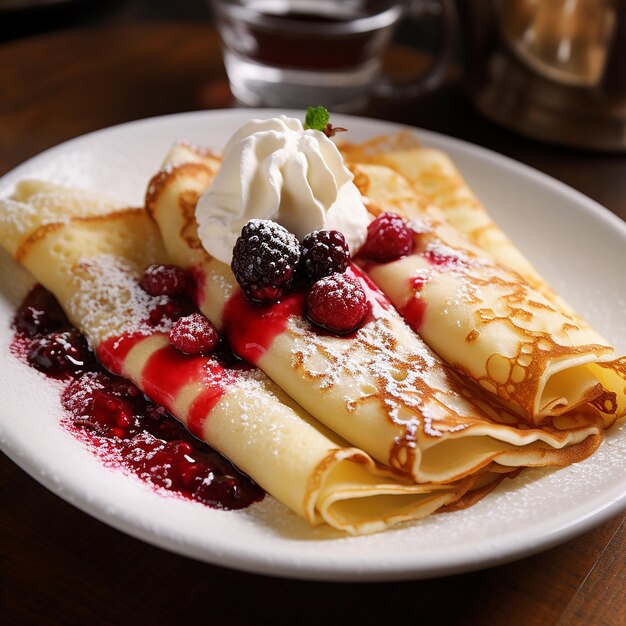 Photo une assiette de crêpes avec des framboises et de la crème dessus.