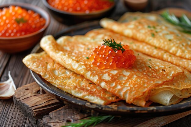 Photo une assiette de crêpes avec une garniture de baies rouges et de persil