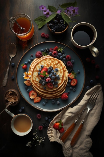 Une assiette de crêpes avec une myrtille et des myrtilles dessus