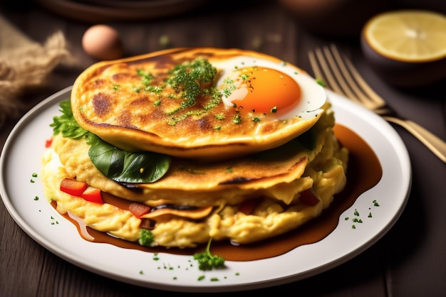 Une assiette de crêpes avec un œuf au plat et un côté d'épinards.