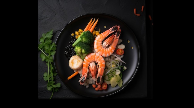 Une assiette de crevettes aux légumes sur fond noir