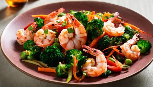 Une assiette de crevettes et de brocoli