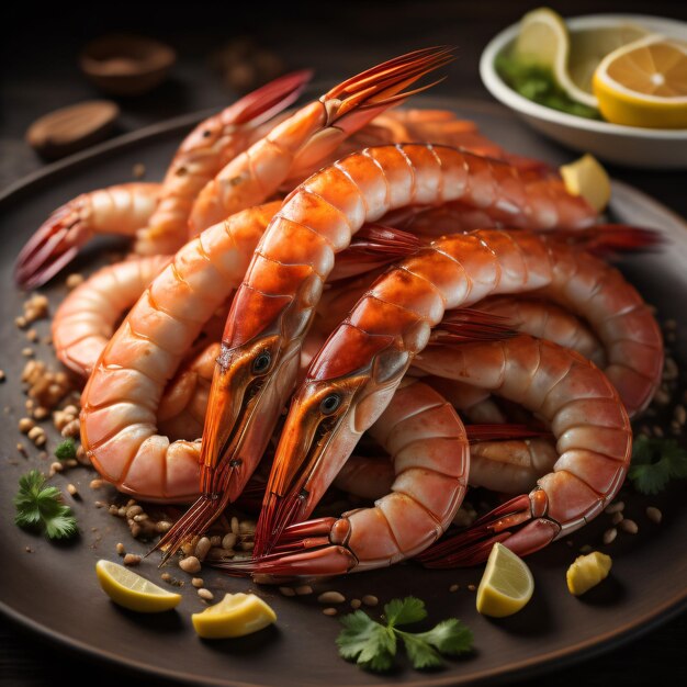 Une assiette de crevettes avec des citrons et des herbes.