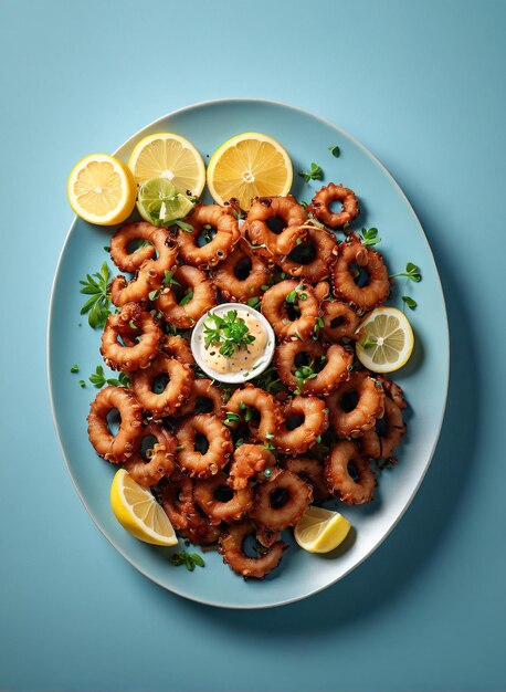 Photo une assiette de crevettes avec une tasse de sauce dessus