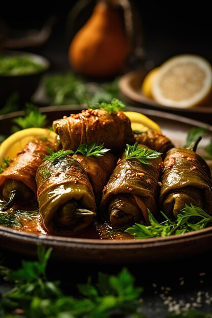 Une assiette de cuisine turque avec des citrons et des herbes