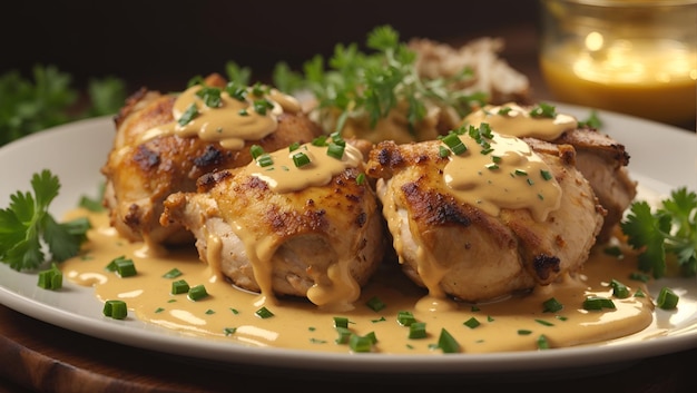 Une assiette de cuisses de poulet dorées dans une sauce crémeuse à la moutarde garnie d'herbes fraîches