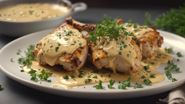 Une assiette de cuisses de poulet dorées dans une sauce crémeuse à la moutarde garnie d'herbes fraîches