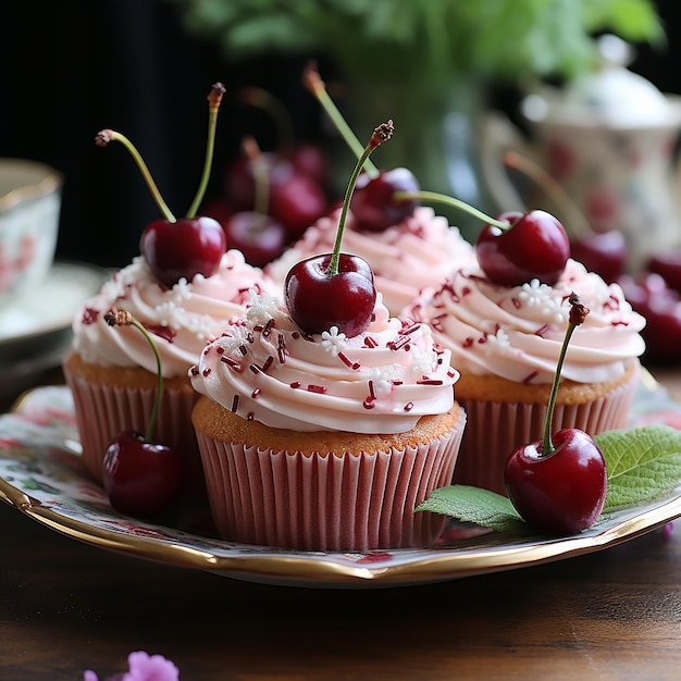 Une assiette de cupcakes avec des cerises dessus