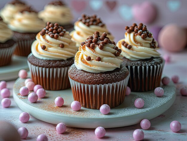 Une assiette de cupcakes avec du glaçage blanc et des éclaboussures de chocolat