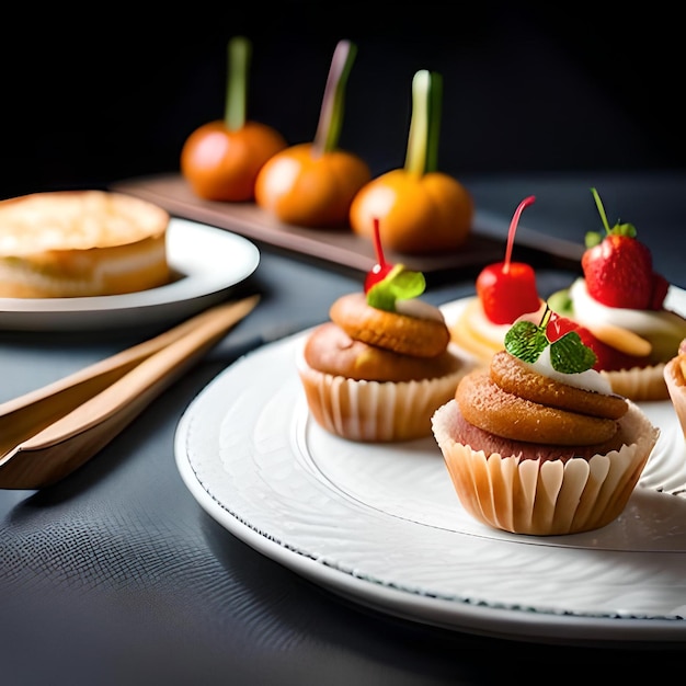 Une assiette de cupcakes avec des fraises dessus