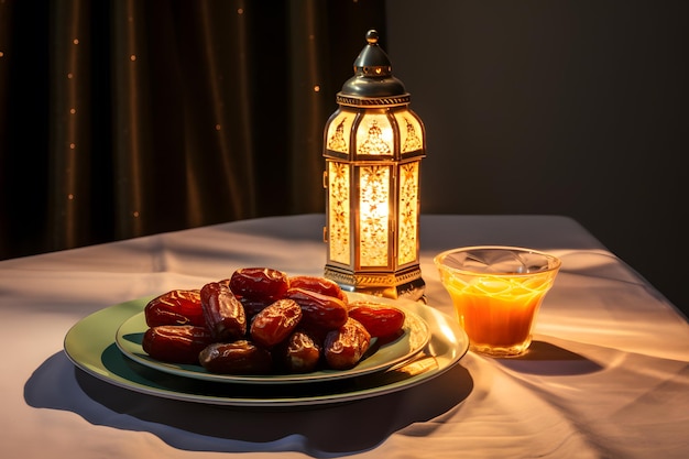 une assiette de dattes et une lanterne islamique traditionnelle