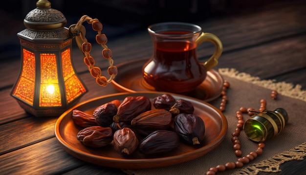 Une assiette de dattes et une tasse de thé avec un chapelet sur la table.