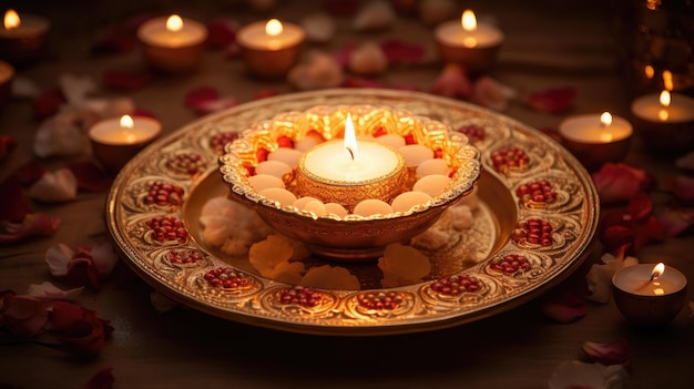 assiette décorée avec fond diya Diwali