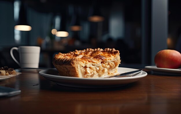 Photo une assiette de délicieuse tarte aux pommes sur un fond de café photo de nourriture professionnelle ai générée