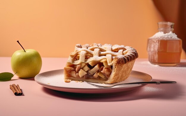 Une assiette de délicieuse tarte aux pommes sur un fond pastel photo de nourriture professionnelle ai générée