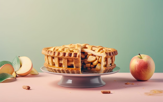 Une assiette de délicieuse tarte aux pommes sur un fond pastel photo de nourriture professionnelle ai générée