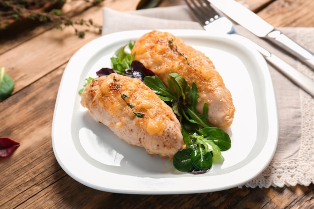 Assiette avec de délicieuses poitrines de poulet sur table en bois