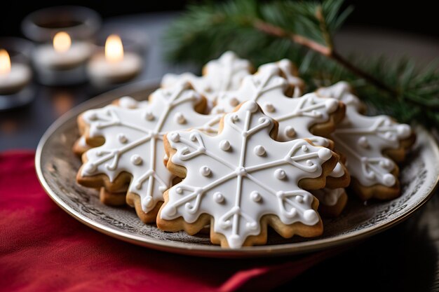 Une assiette de délicieux biscuits au sucre en forme de flocons de neige et décorés de glaçage royal