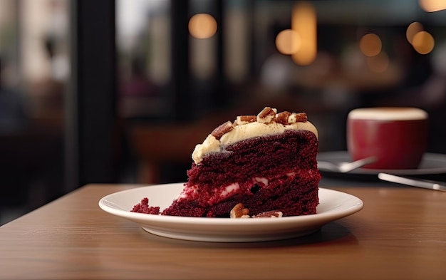 Photo une assiette de délicieux gâteau de velours rouge sur un fond de café généré par une publicité professionnelle