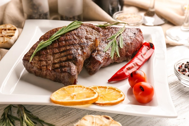 Assiette avec de délicieux steaks grillés sur table en bois