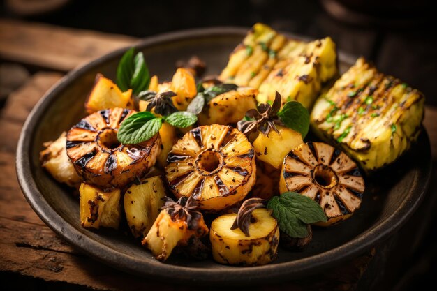 Assiette avec dessert aux fruits d'ananas grillé AI générative