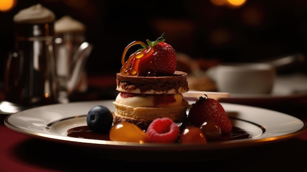 Une assiette à dessert avec une fraise dessus