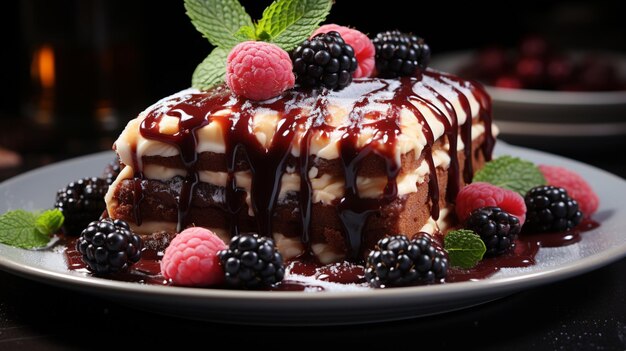 Assiette à dessert gastronomique avec feuille de menthe aux fruits frais et chocolat