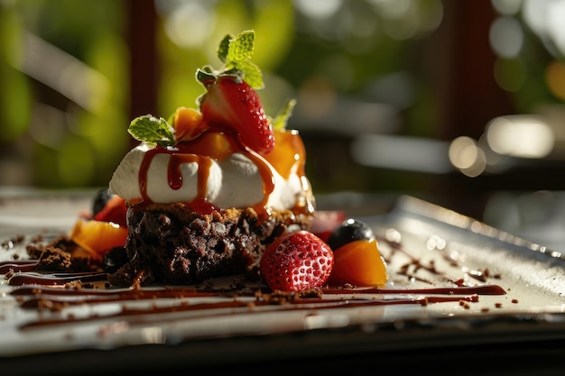 Photo assiette de dessert avec gâteau au chocolat fraises fraîches crème fouettée et garniture à la menthe